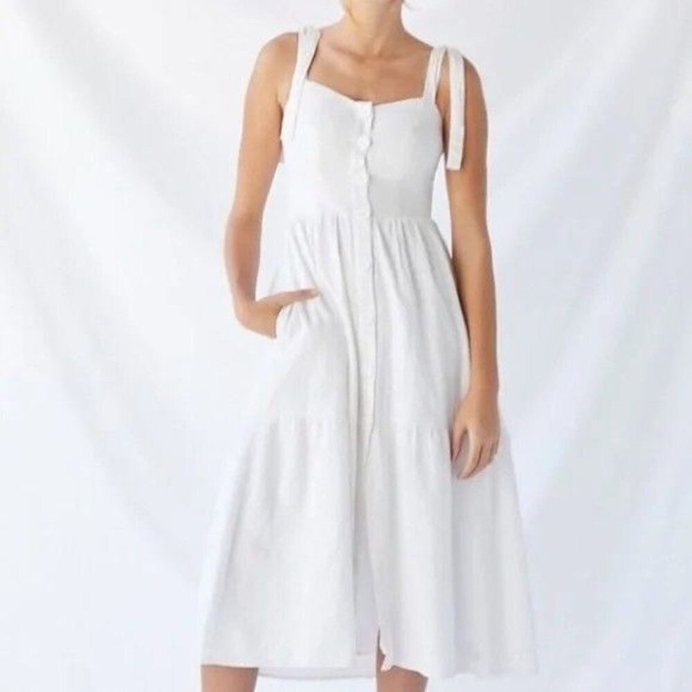 Urban Outfitters White Button-Front Tiered Midi Dress Adjustable Tie Straps XS - Picture 13 of 13